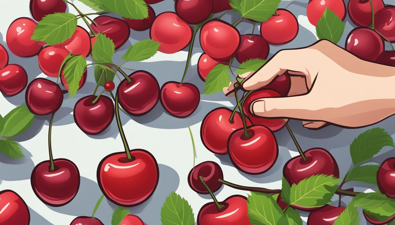 A hand reaches for the ripest cherries in an online marketplace, carefully selecting the finest fruits for purchase