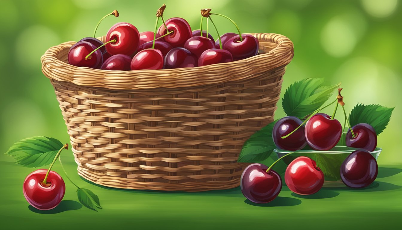 Fresh cherries in a wicker basket with a vibrant green background. A glass of water next to the basket. Keep cherries refrigerated for longer shelf life