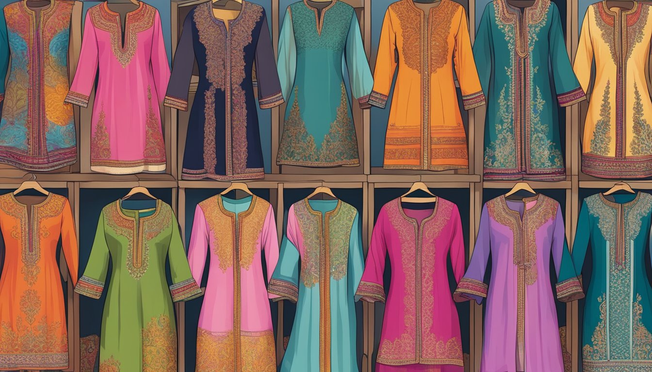 A colorful array of Anokhi Kurtis displayed on racks, with intricate patterns and vibrant hues, creating a visually stunning and inviting atmosphere