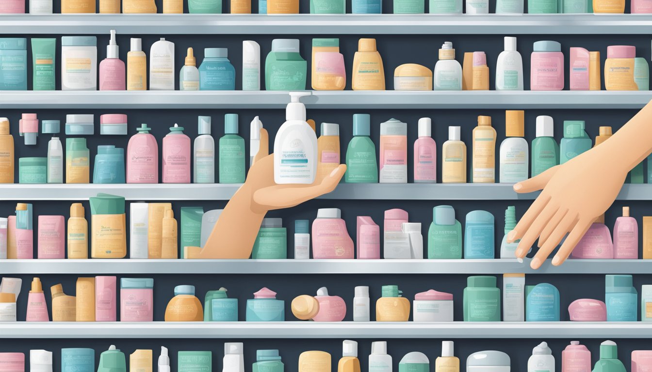 A hand reaches for a bottle of Elocon lotion on a pharmacy shelf. The lotion is then applied to irritated skin