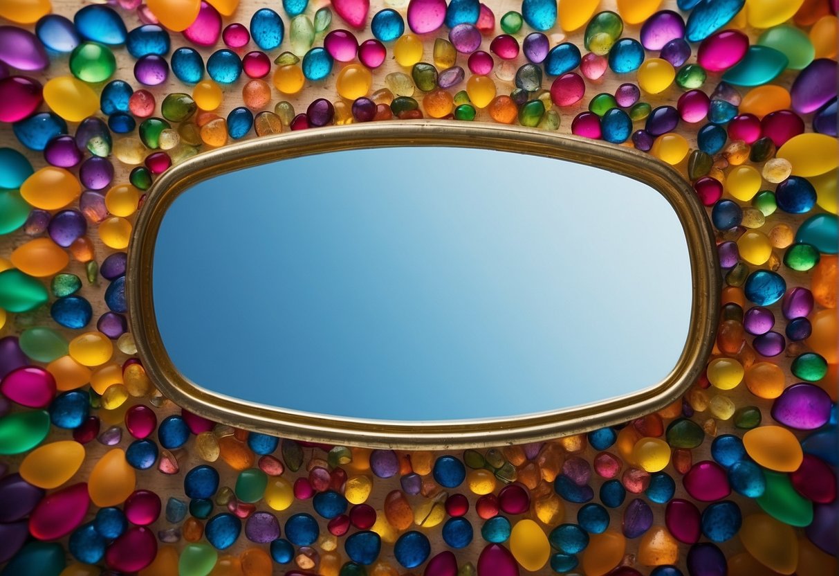 A mirror reflects positive affirmations surrounded by colorful, uplifting imagery