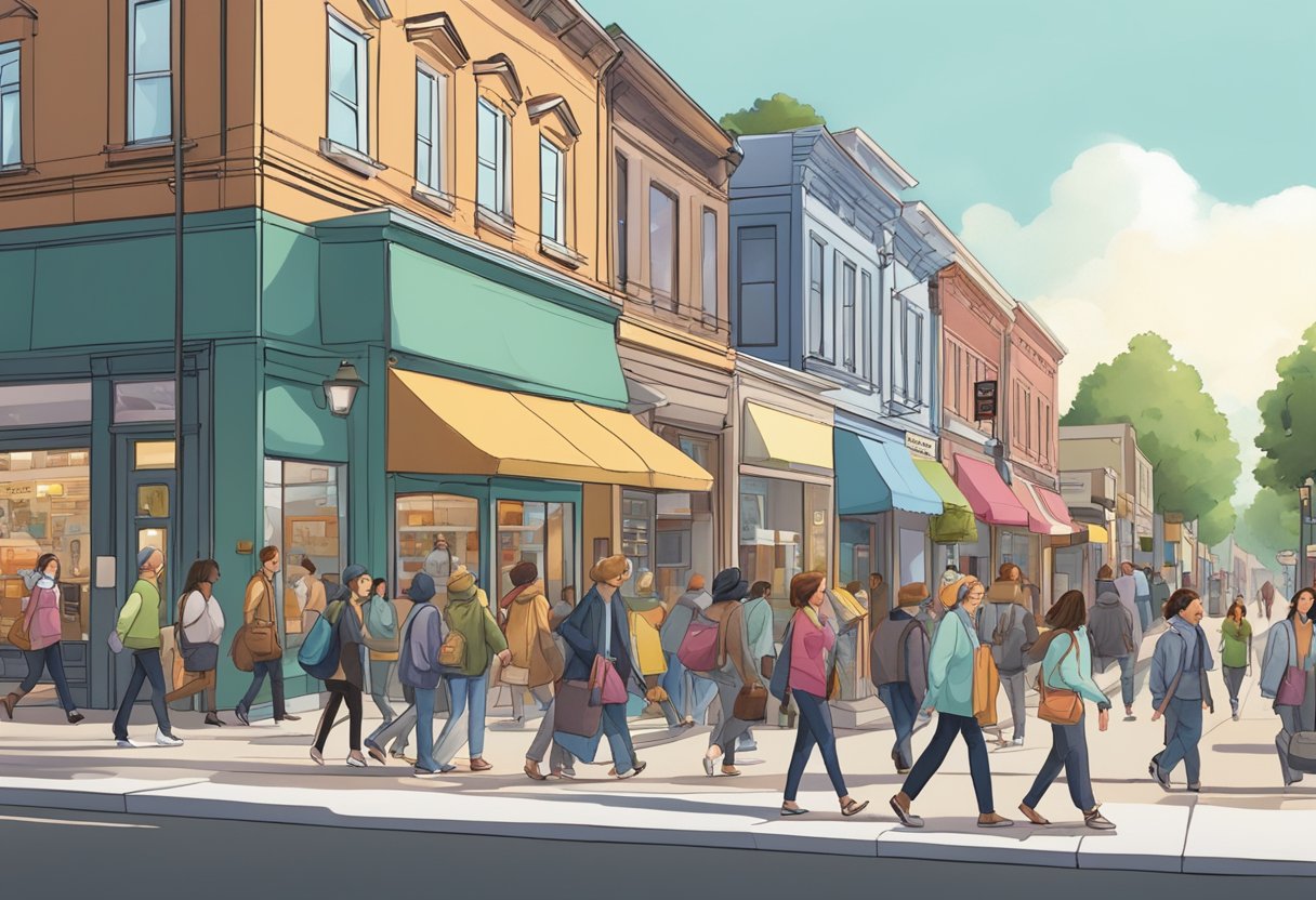 A bustling suburban street with diverse storefronts and people of various ages and backgrounds walking along the sidewalks