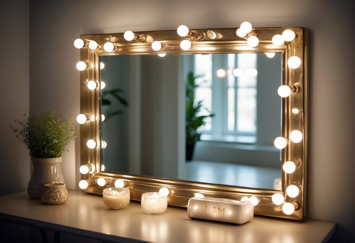 A mirror reflects positive affirmations in a bright, well-lit room. The words "I am" and "I can" are prominently displayed