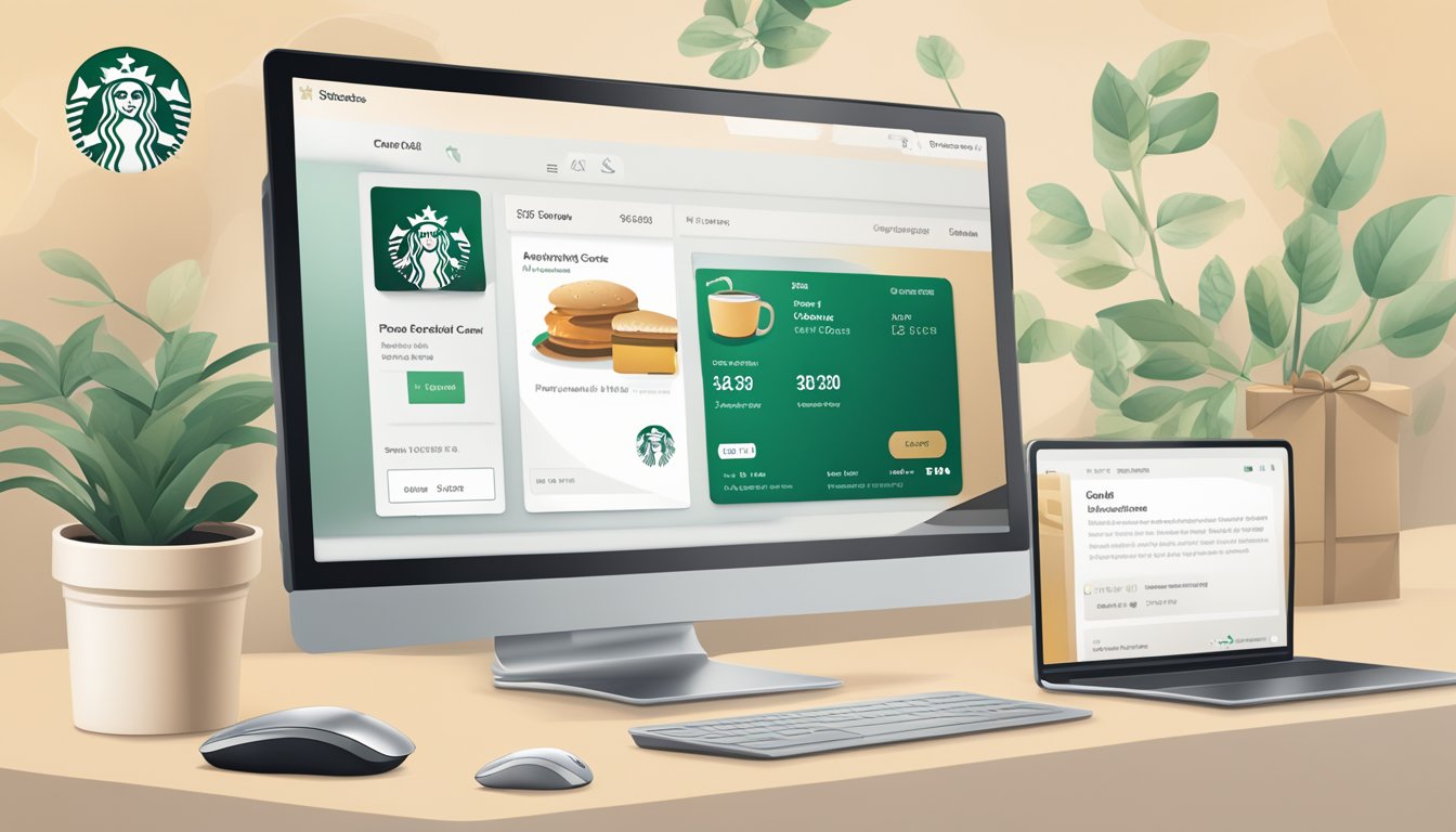 A computer screen displaying the Starbucks website with a gift card purchase option, a credit card, and a mouse cursor clicking "add to cart."