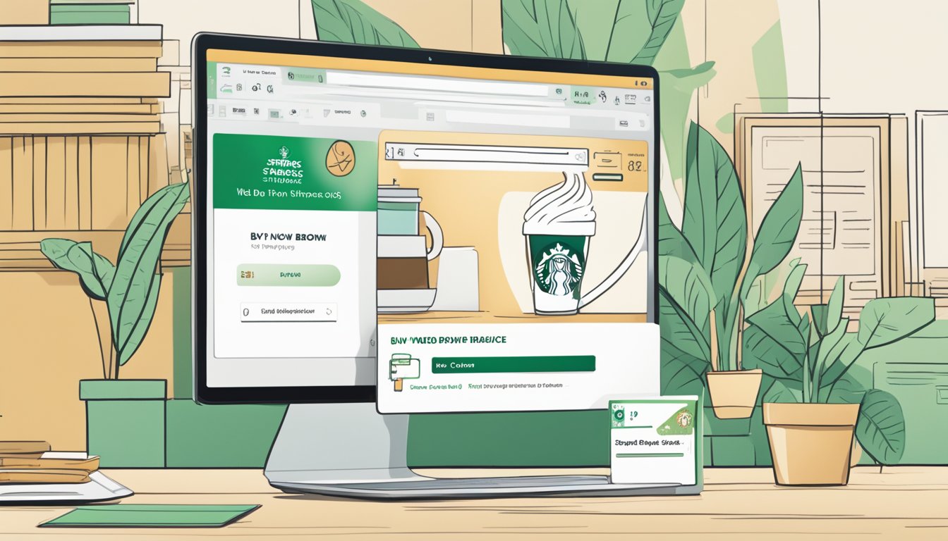 A computer screen displaying a web browser open to a Starbucks gift card purchase page with a cursor clicking on the "Buy Now" button