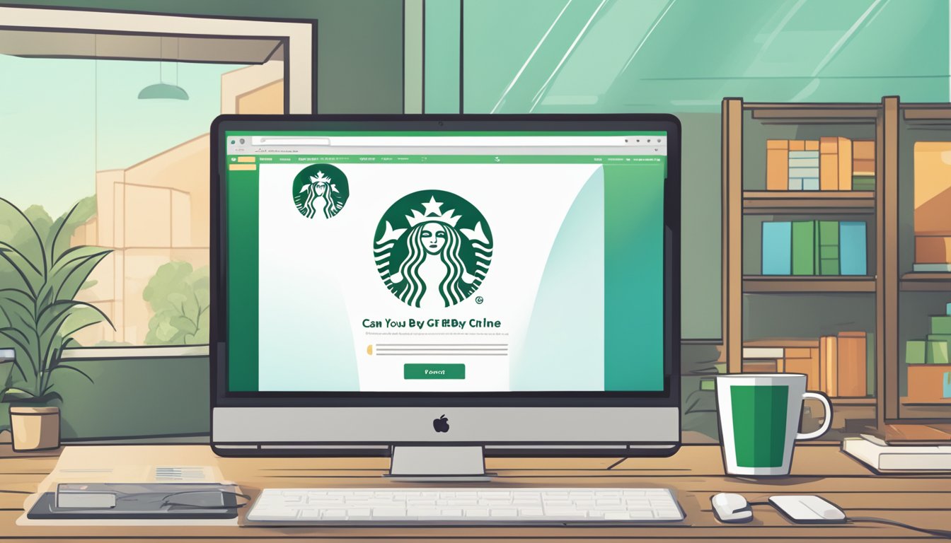 A computer screen displaying a web browser with the search bar filled with the question "Can you buy Starbucks gift cards online?" The Starbucks logo is visible in the corner