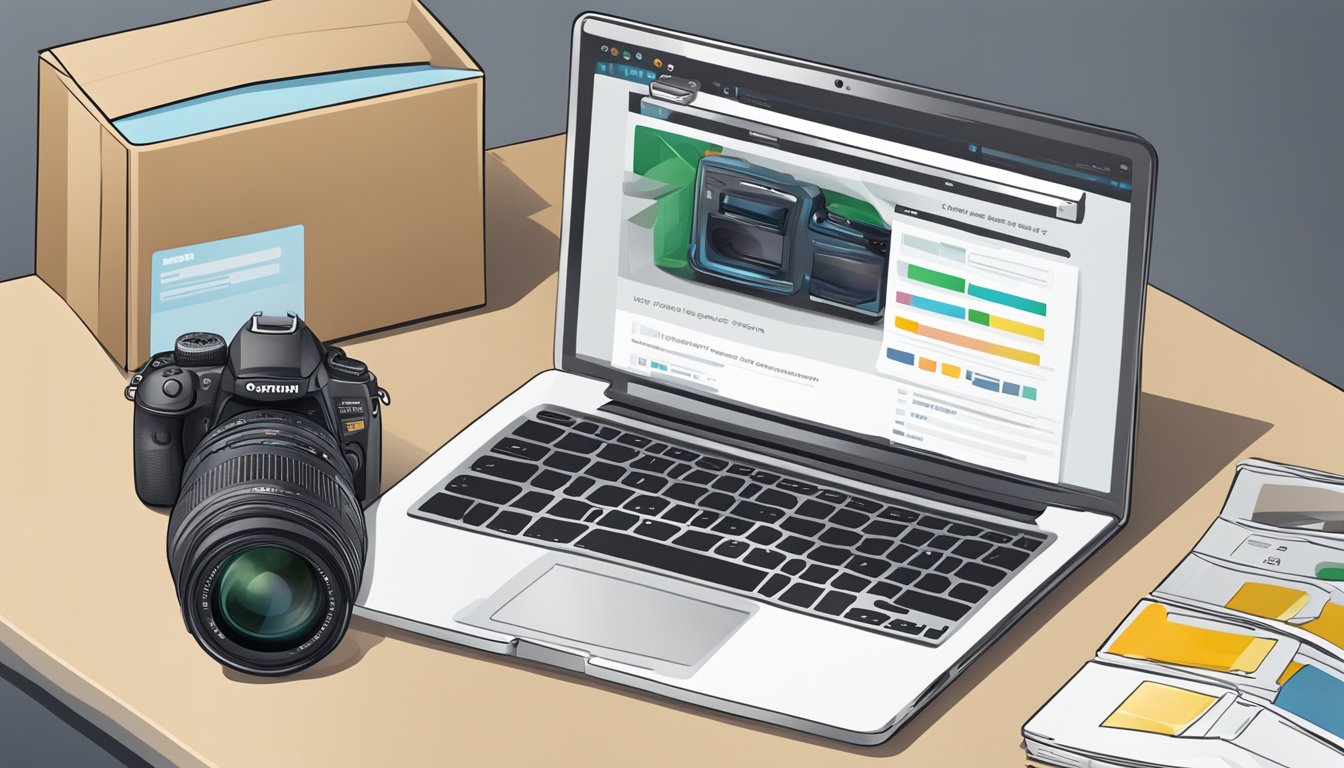 A laptop open to a website with "Frequently Asked Questions" about buying used DSLR cameras online, with a camera and packaging in the background