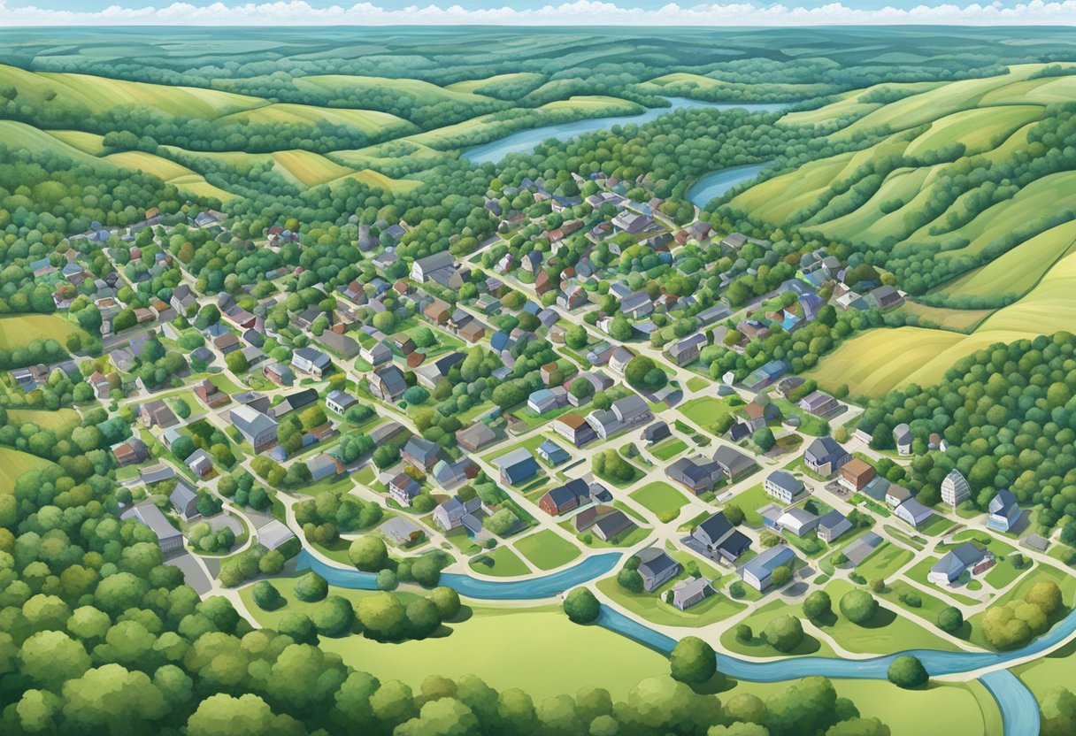 Aerial view of Kipton, Ohio with rolling hills, small town buildings, and a central park