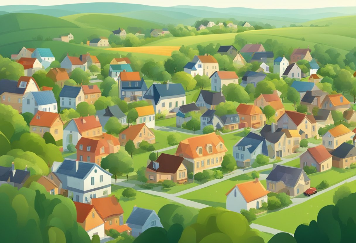 A small town with a mix of residential and commercial buildings, surrounded by green fields and trees. The town has a quaint, peaceful atmosphere