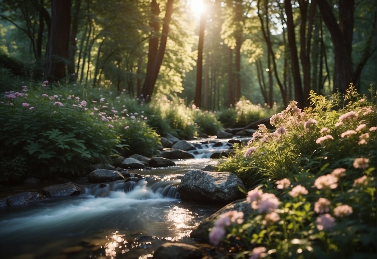 A serene forest with a flowing stream, surrounded by vibrant flowers and tall, majestic trees. The sun shines through the leaves, creating a peaceful and calming atmosphere