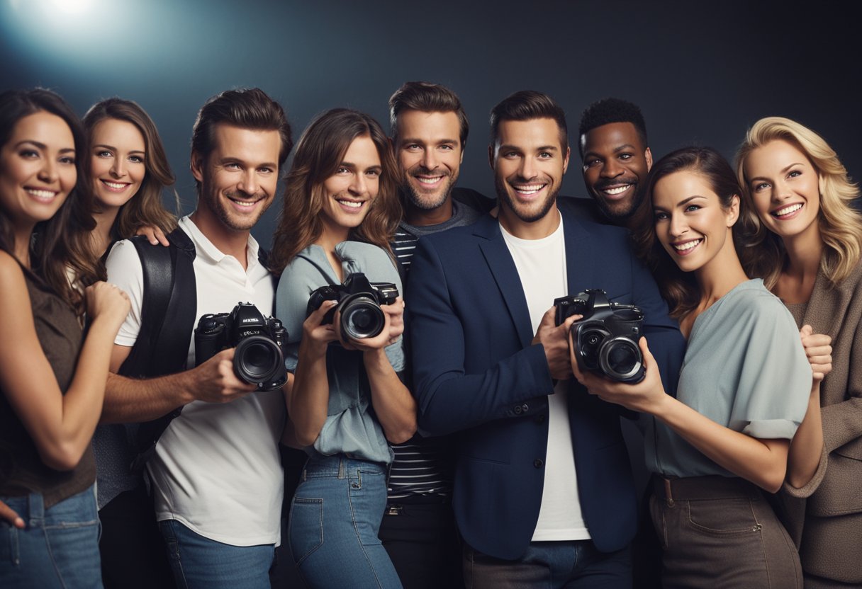 A group of adult film actors are arranged in a line, each holding a video camera and smiling for the camera