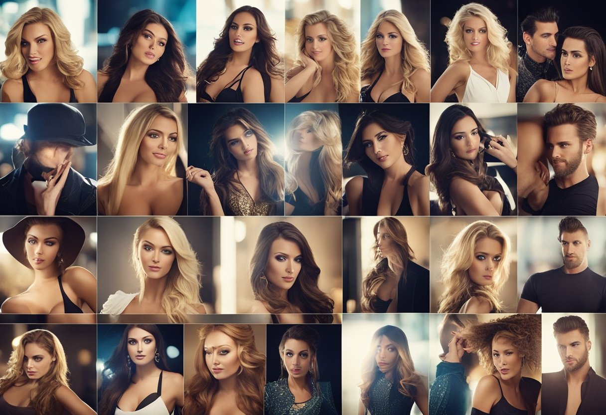 A group of 15 pornstars in various sexual acts, arranged by popularity, captured in explicit videos