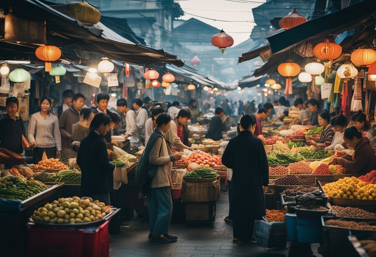 A bustling Asian street market, filled with colorful stalls and bustling with activity. Vendors call out to passersby, selling a variety of goods and produce. The air is filled with the aroma of sizzling street food and the sounds of hagg