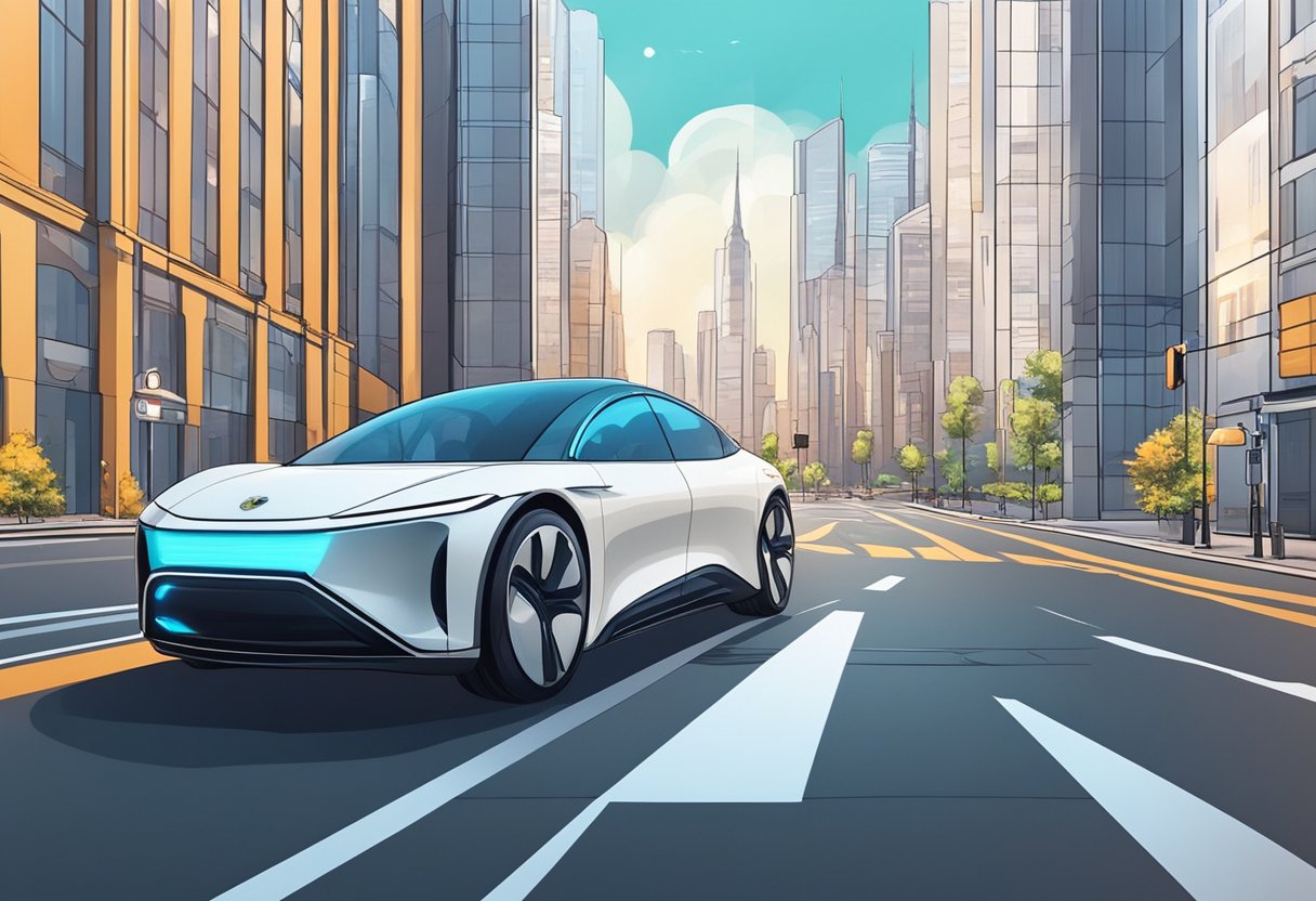 A sleek, futuristic car navigates city streets with precision. AI technology seamlessly controls the vehicle, while sensors detect and react to the surrounding environment