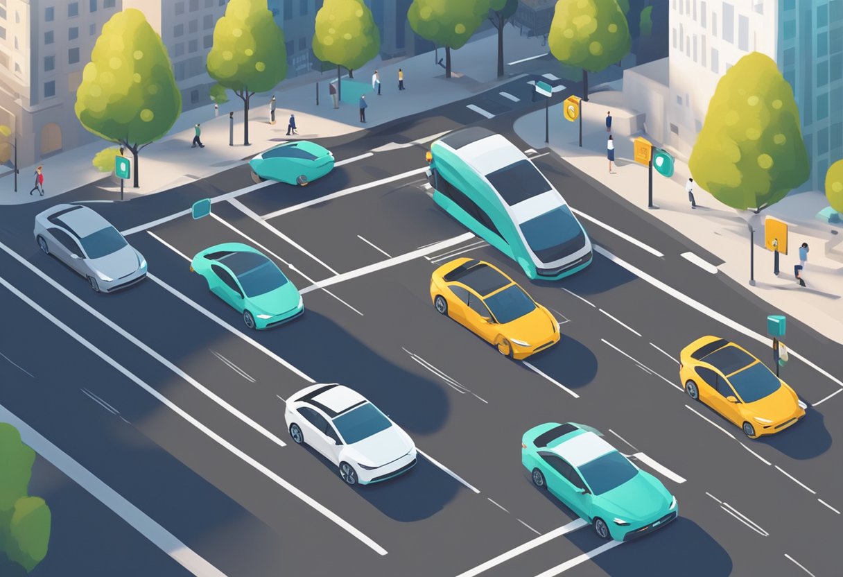 An autonomous car navigates through a busy city street using AI technology to detect obstacles, interpret traffic signals, and make real-time decisions