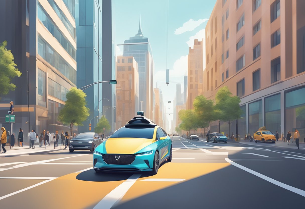 A sleek autonomous car navigates a busy city street with precision and ease, while other vehicles and pedestrians move around it safely
