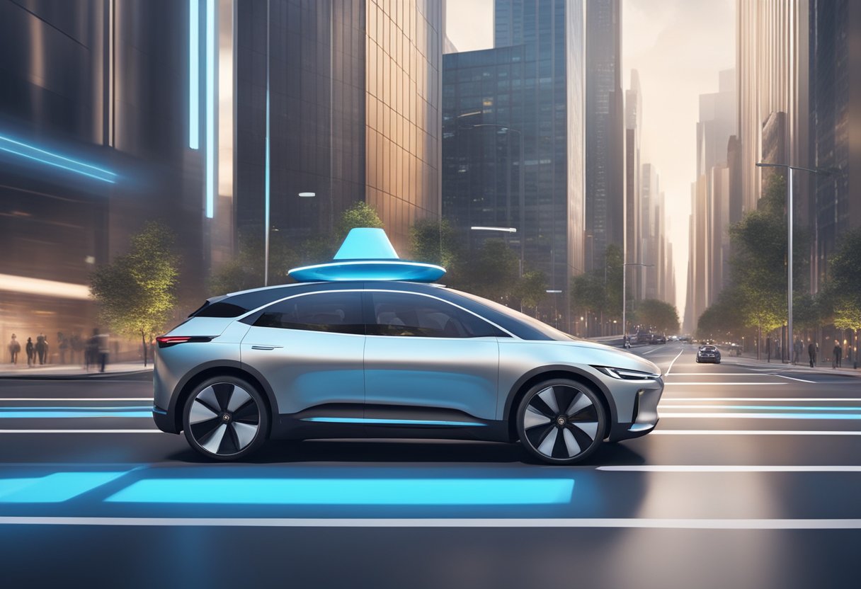 A sleek autonomous car navigates city streets, with AI technology seamlessly controlling steering and speed. Regulatory and ethical guidelines are visible in the background
