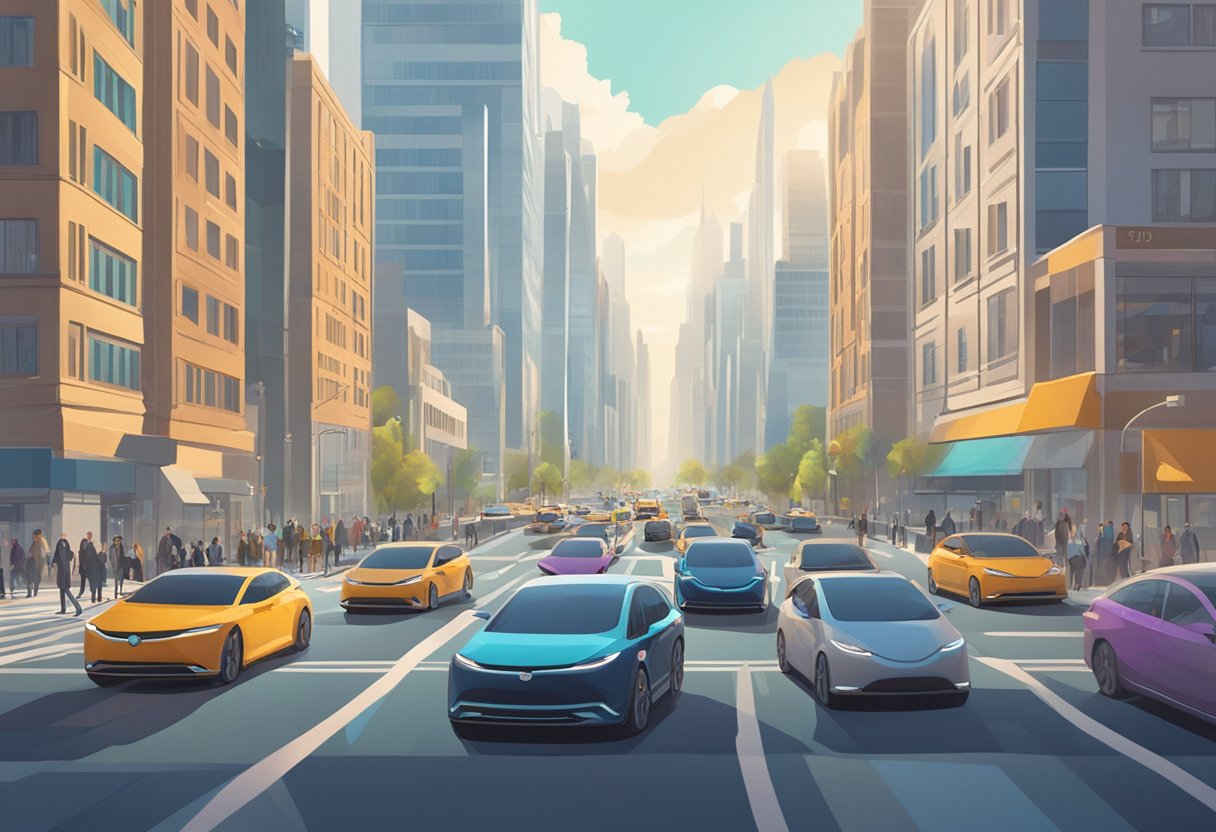 A bustling city street with autonomous cars seamlessly navigating traffic, pedestrians, and other obstacles. A mix of traditional and futuristic architecture in the background