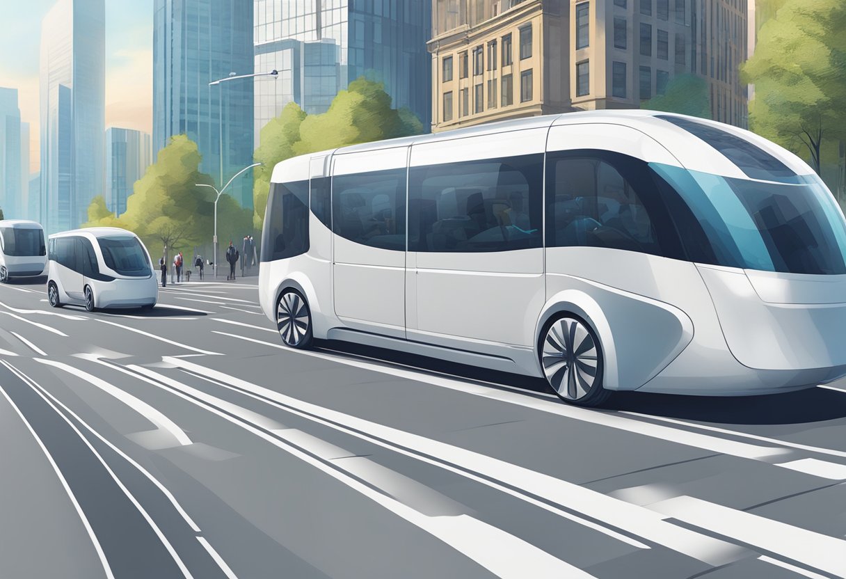 A sleek autonomous vehicle navigates through a bustling city, seamlessly merging with traffic and effortlessly finding parking, showcasing the impact of autonomous driving on urban mobility solutions