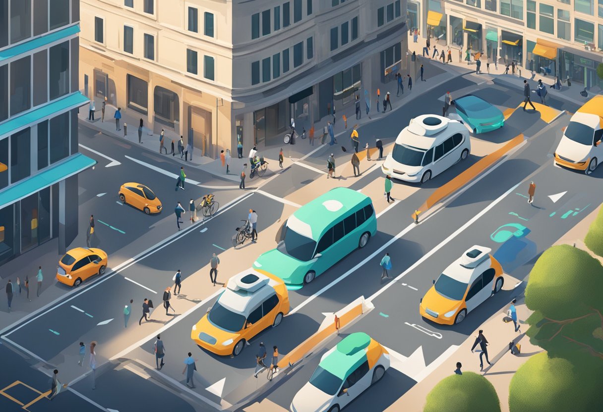City streets filled with self-driving vehicles, seamlessly navigating intersections and drop-off zones, while pedestrians and cyclists move safely alongside