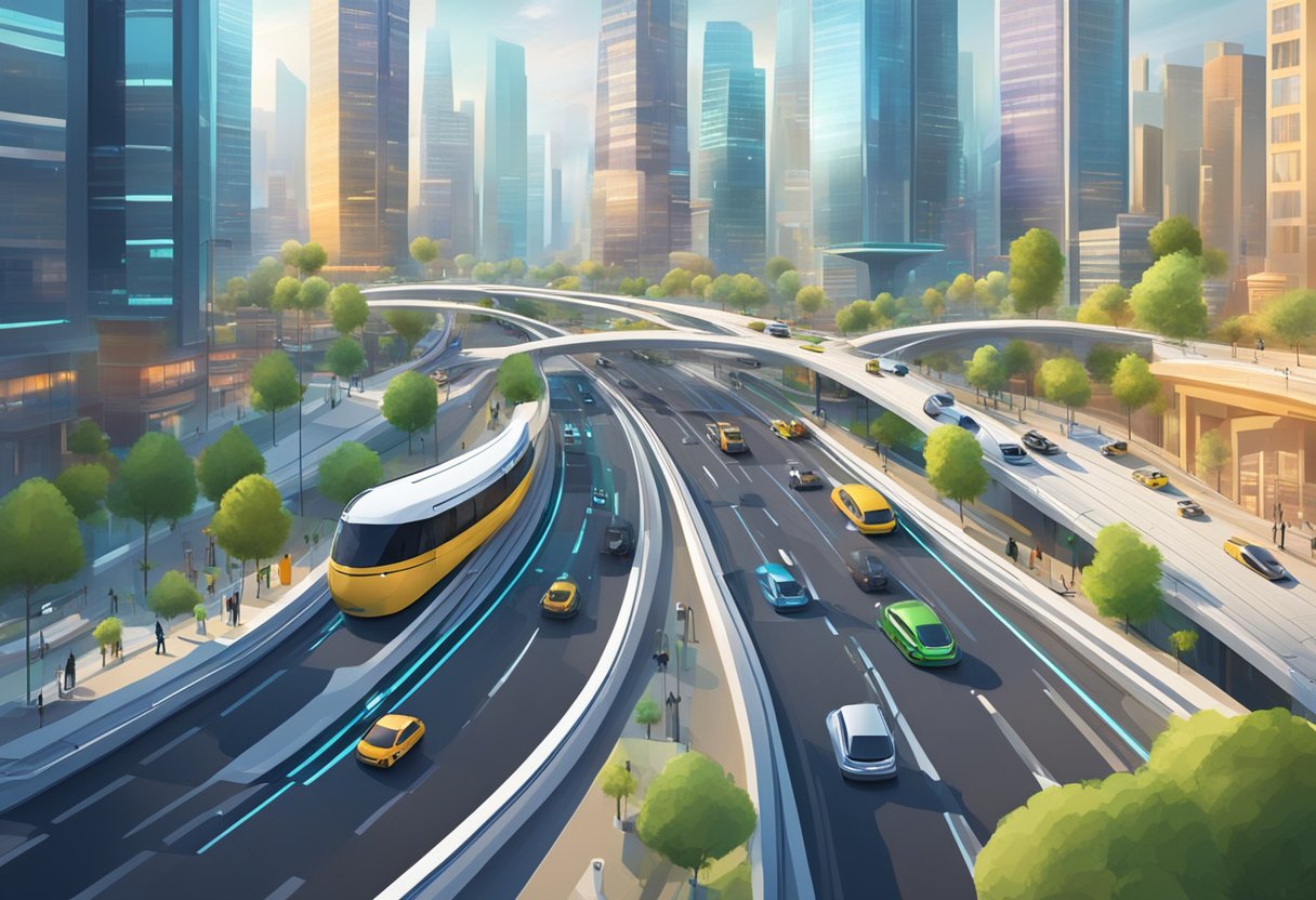 Futuristic cityscape with autonomous vehicles navigating seamlessly through traffic, integrated with public transportation and smart infrastructure