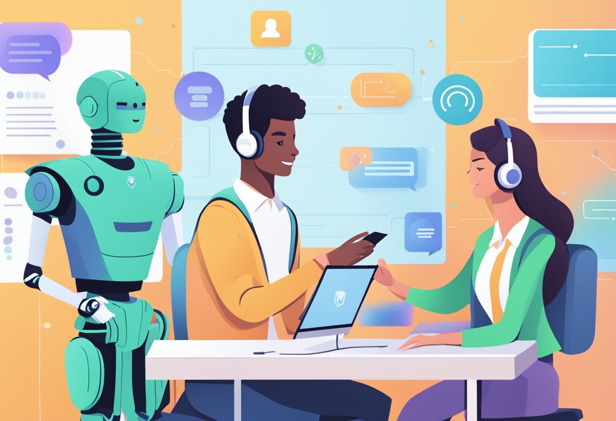 A customer service bot interacts with users across various platforms, utilizing advanced AI technology to provide efficient and personalized assistance