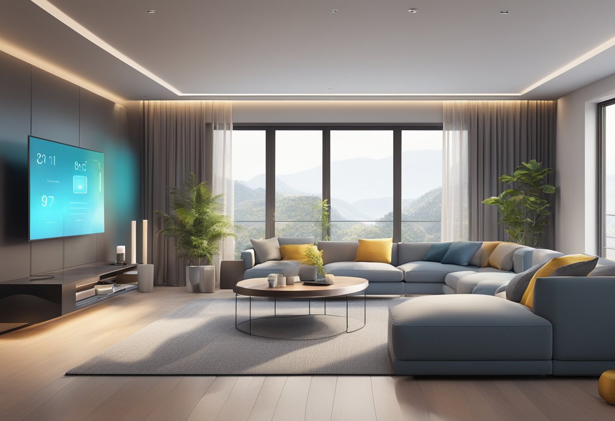 A sleek, modern living room with voice-activated devices seamlessly integrated into every aspect of the space, from lighting and temperature control to entertainment and communication