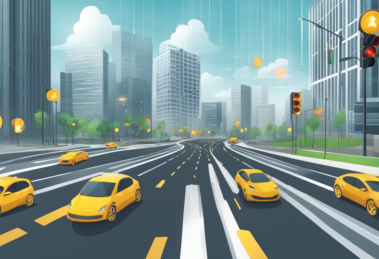 Vehicles and traffic lights communicate wirelessly. Data flows between cars and infrastructure. Smart sensors monitor road conditions and optimize traffic flow