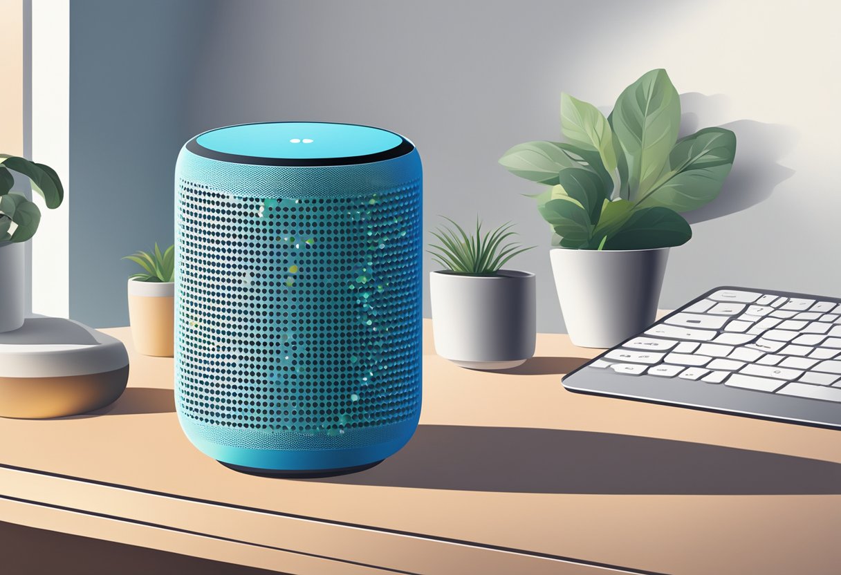 A smart speaker sitting on a table, with a voice command being spoken to it. The screen displays search results tailored for voice search technology