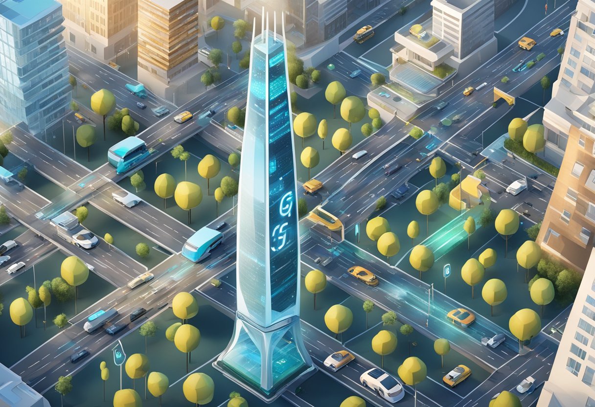 5G towers loom over a city skyline, while autonomous vehicles and connected cars navigate the streets below, showcasing the seamless integration of technology and transportation