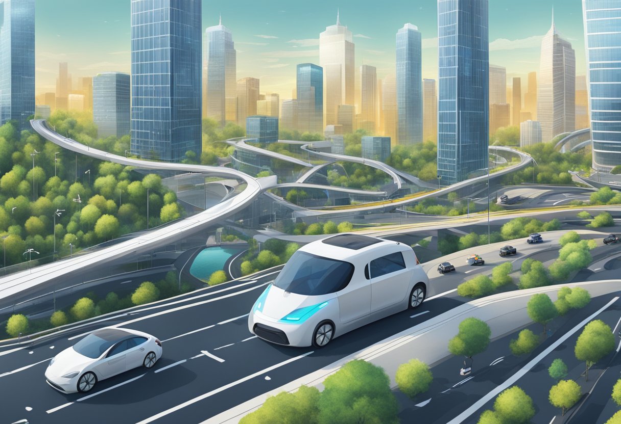Autonomous vehicles navigate through a city landscape as 5G towers loom in the background, showcasing the societal and environmental impact of connectivity on transportation