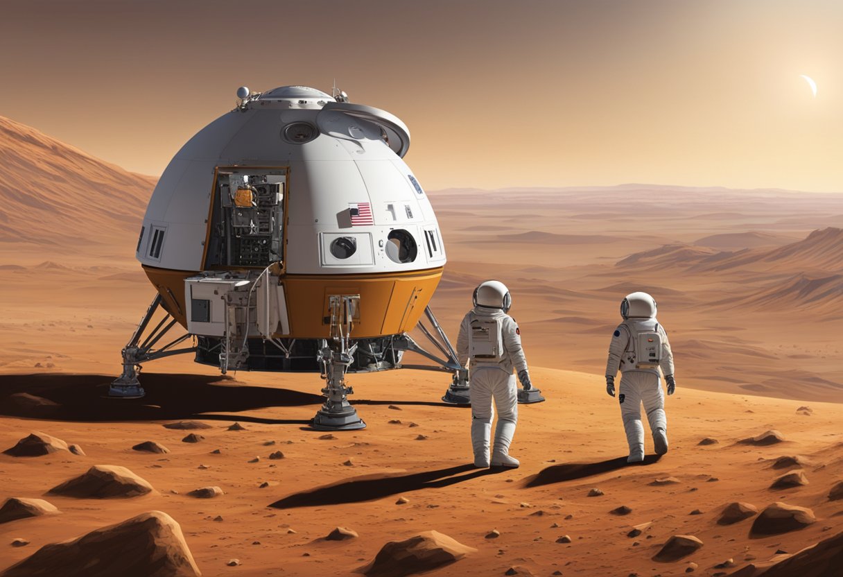 The scene depicts the Hope Mission spacecraft approaching the Martian surface, with a focus on the scientific instruments and equipment onboard