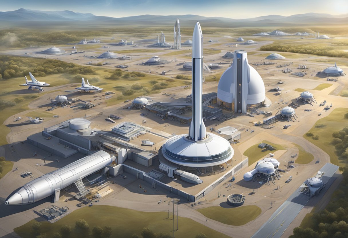 A bustling spaceport with rockets launching, satellites being built, and researchers collaborating with private companies to advance space technology