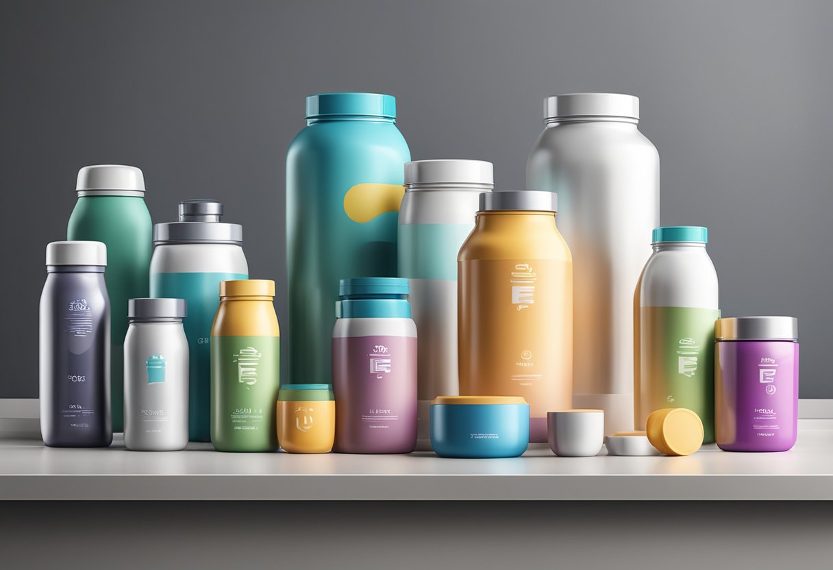 A colorful array of protein powder containers and shaker bottles arranged on a sleek, modern countertop