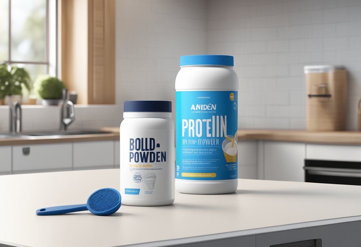 A tub of protein powder sits on a clean kitchen counter, next to a shaker bottle and a scoop. The label on the tub reads "プロテイン" in bold letters