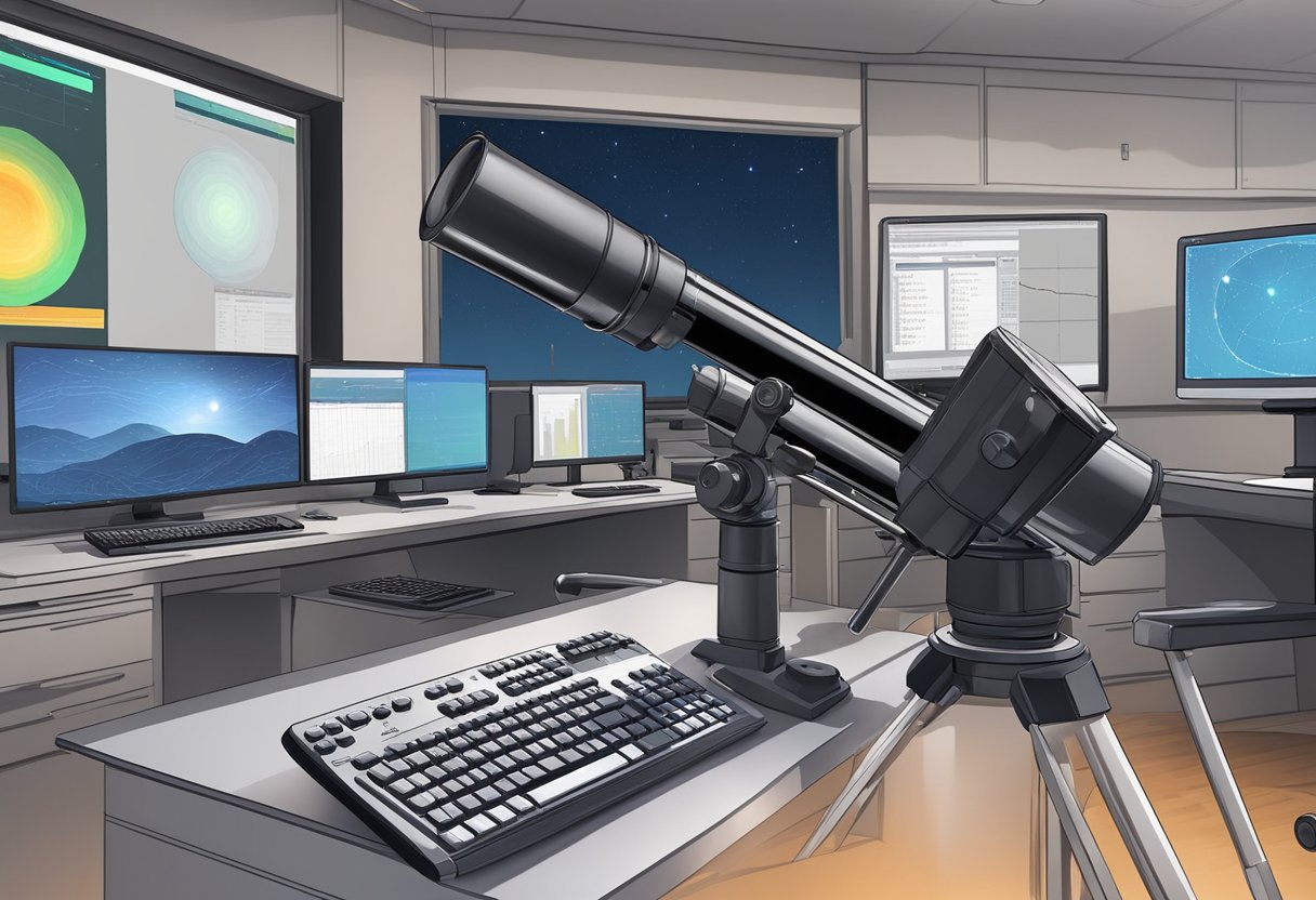 A telescope points towards the night sky, while a computer screen displays data analysis and simulation software for astronomical research