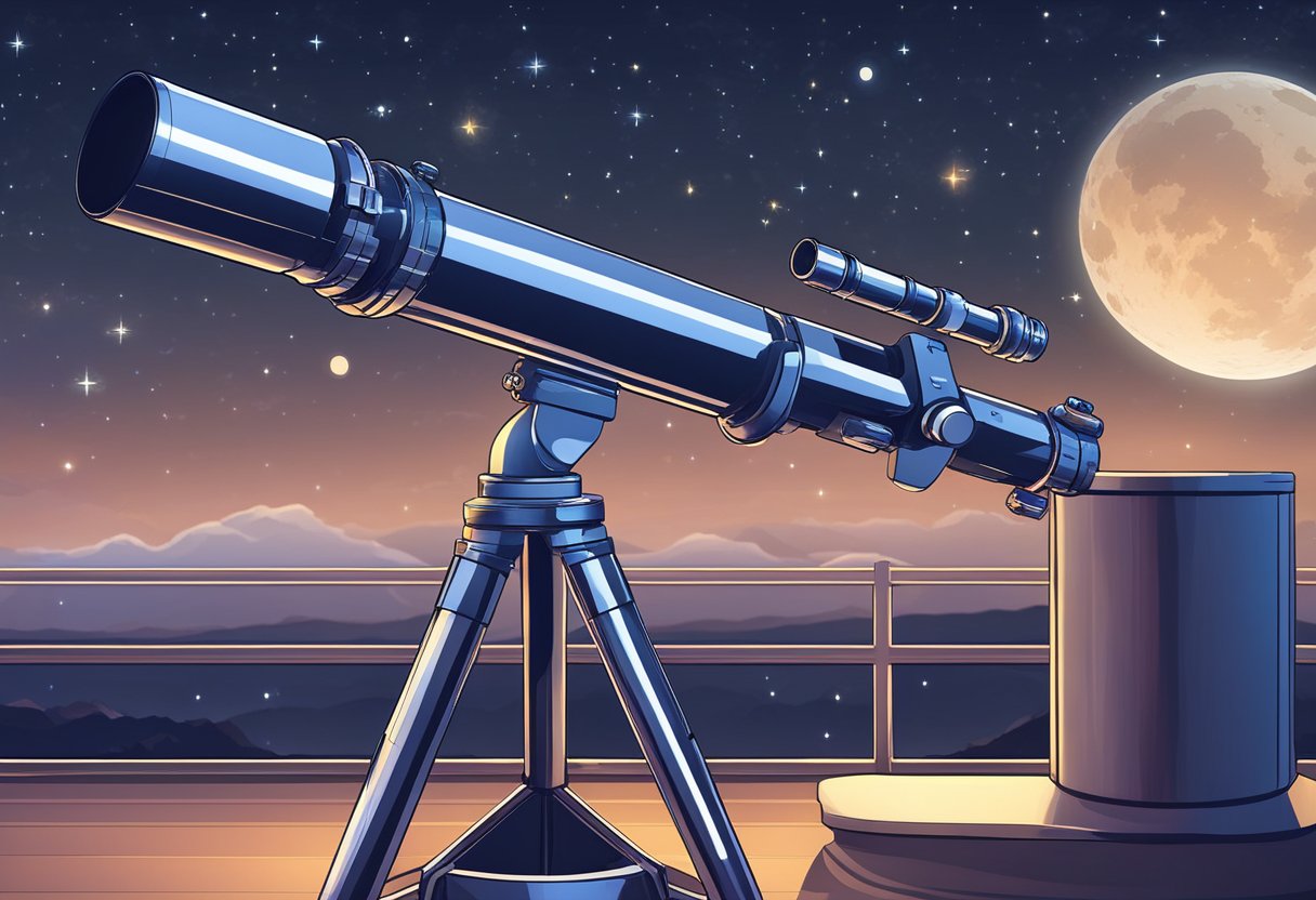 A telescope points towards the night sky, capturing images of distant galaxies and stars. Advanced technology and data analysis tools are displayed nearby