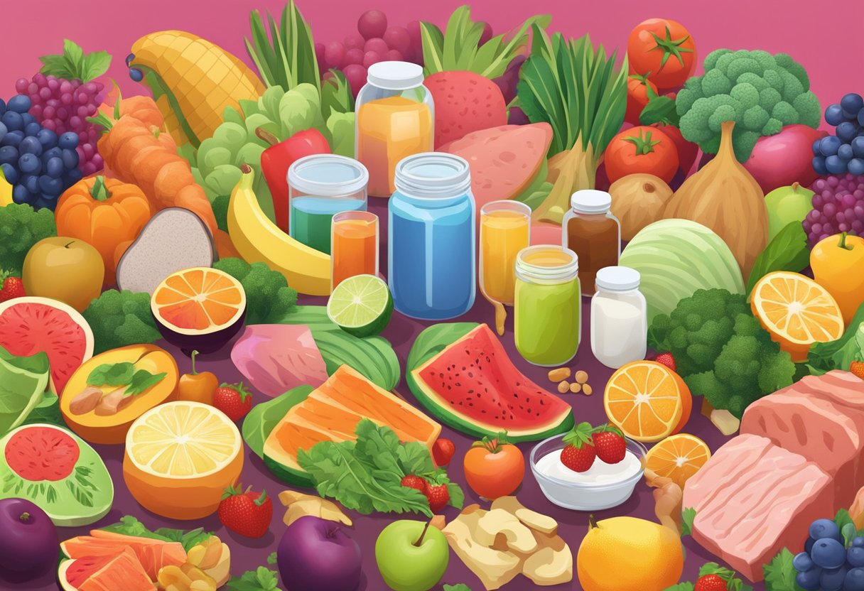 A colorful array of fresh fruits, vegetables, and lean meats, with a prominent jar of protein powder, surrounded by vibrant, energetic people
