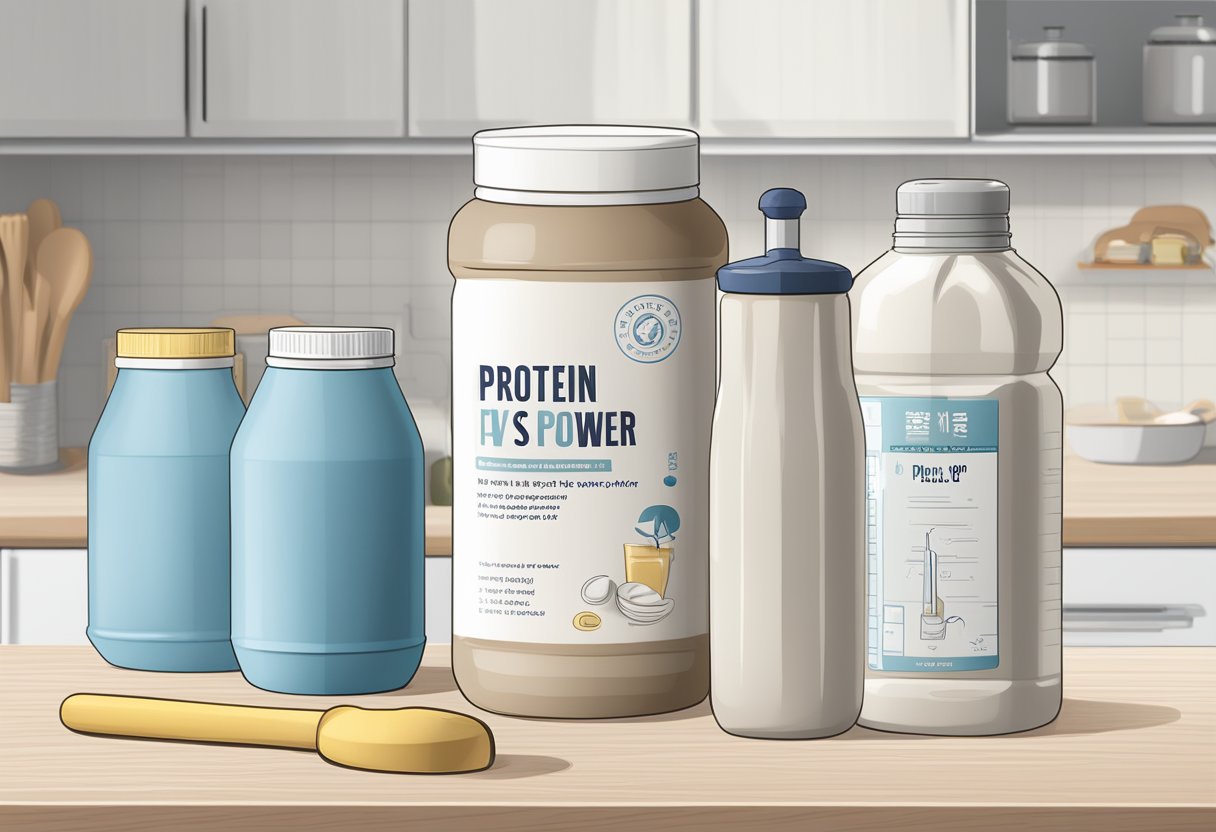 A bottle of protein powder sits next to a shaker bottle and a measuring scoop on a clean kitchen counter. A piece of paper with the words "プロテイン摂取に関する注意点 なぜ プロテ