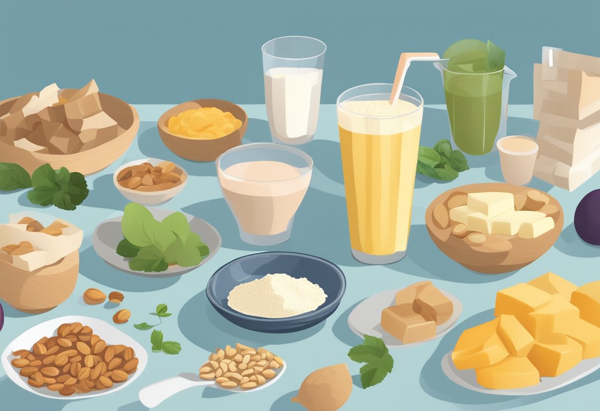 A table with various protein-rich foods like chicken, tofu, and nuts. A person mixing protein powder into a smoothie