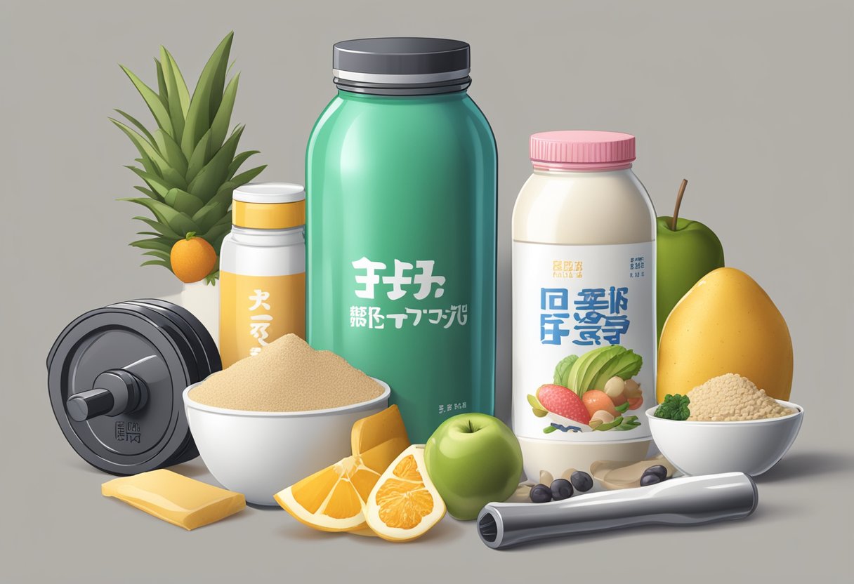 A bottle of protein powder with Japanese text "なぜ　プロテイン" prominently displayed, surrounded by fitness equipment and healthy food items