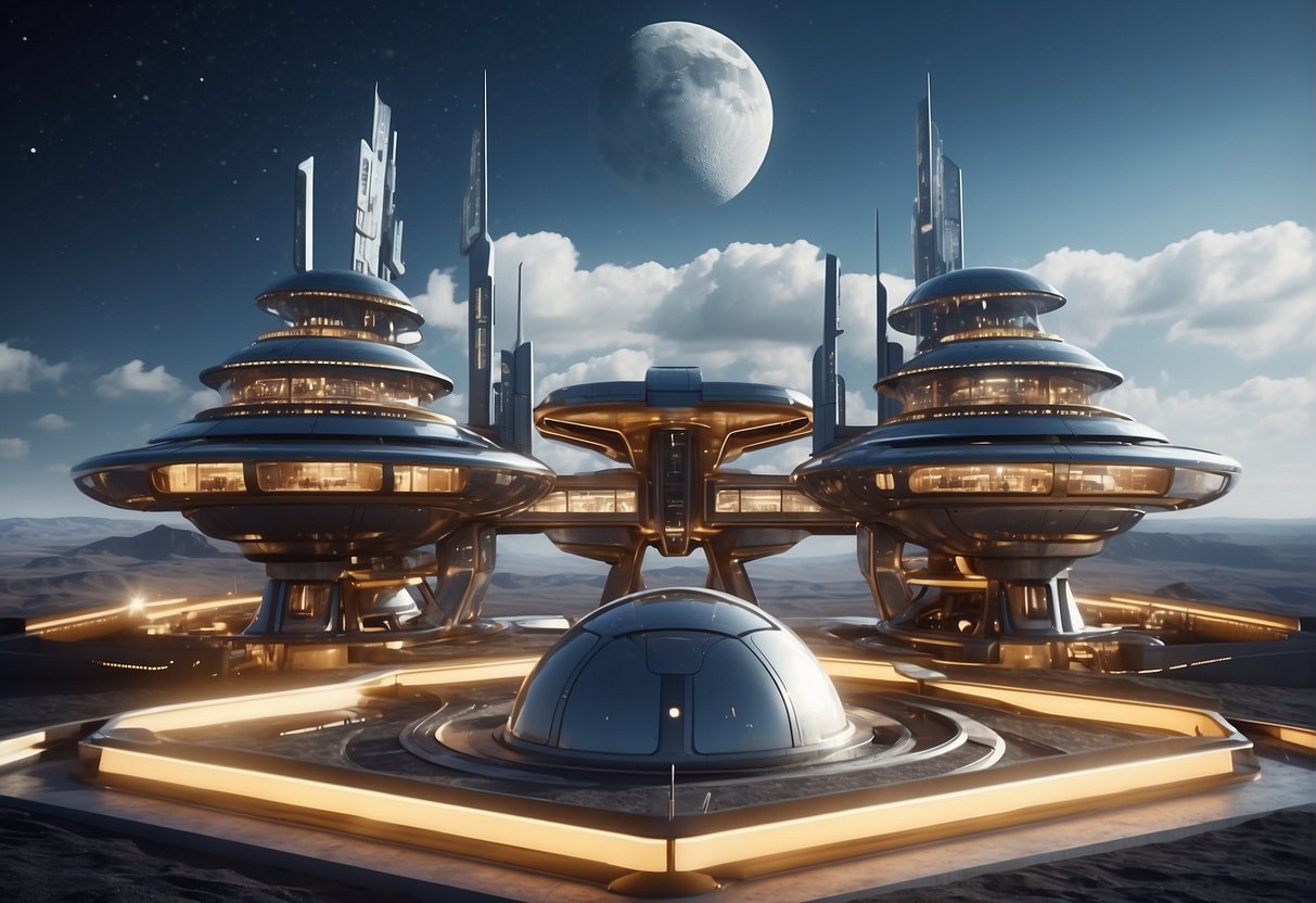 A futuristic spaceport with signs displaying safety and health regulations for upcoming moon travel