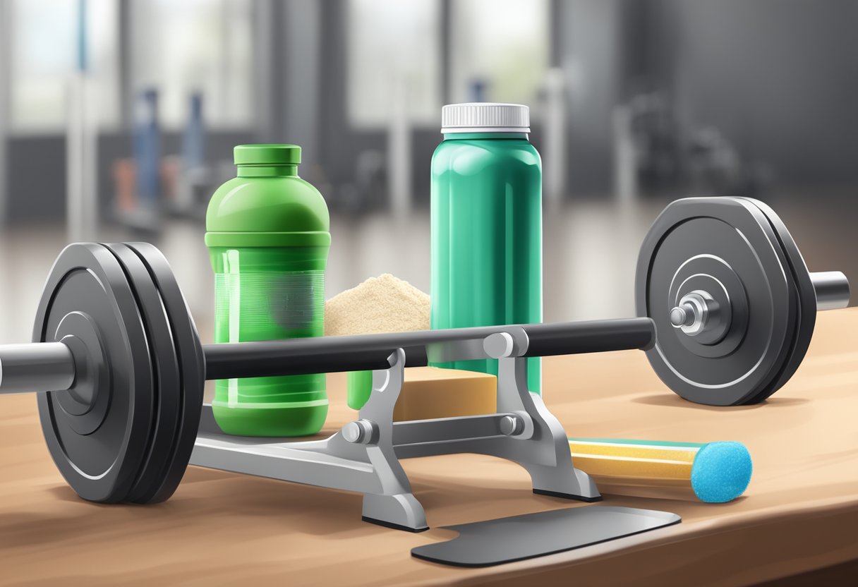 A weightlifting bar with protein powder and a shaker bottle on a gym bench