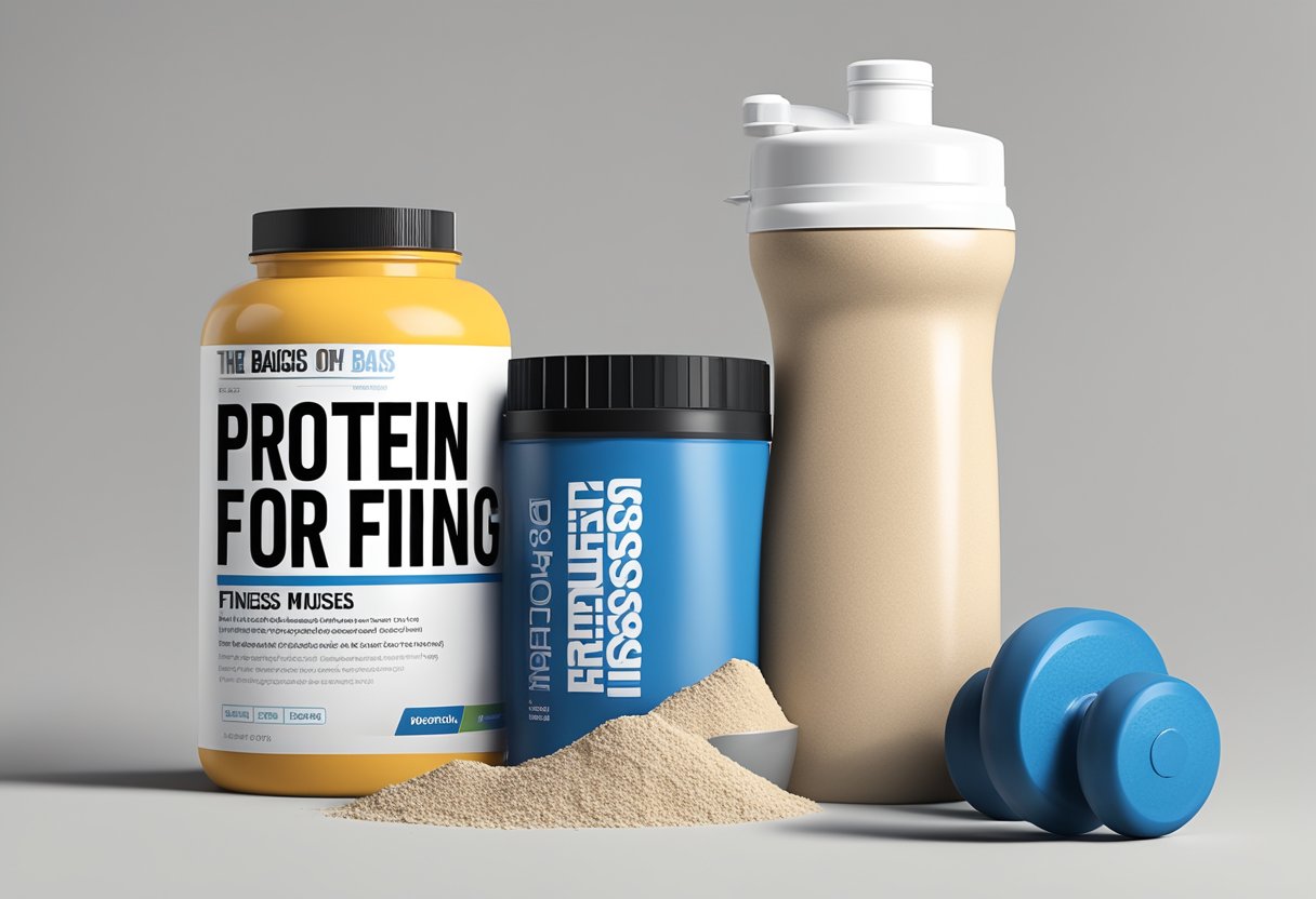 A protein powder container sits next to a dumbbell, with a fitness magazine open to an article titled "The Basics of Protein: Why Protein for Muscle Training."