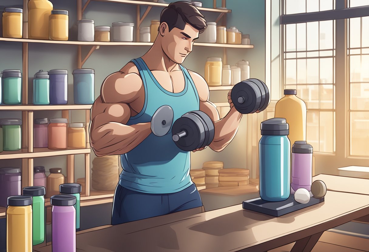 A person mixing protein powder into a shaker bottle, with a weightlifting bench and dumbbells in the background