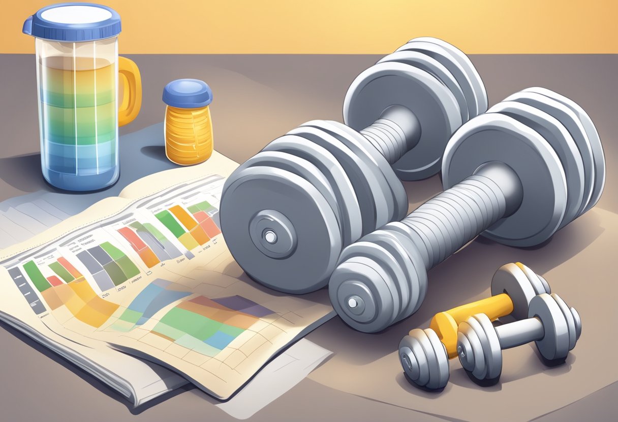 A scene of a protein shake next to a set of dumbbells, with a diet plan and workout schedule in the background