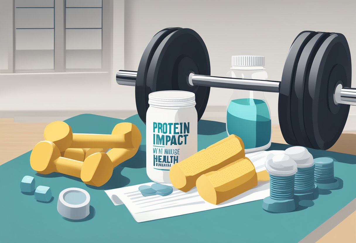 A protein shake sits on a gym bench, surrounded by weights and exercise equipment. A banner reads "Protein's impact on health: Why protein? Muscle training."