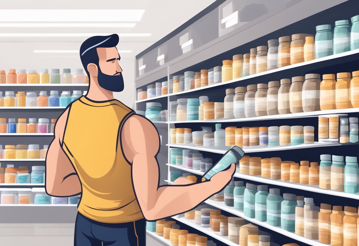 A person selecting protein powder for muscle training, examining various options in a store or online