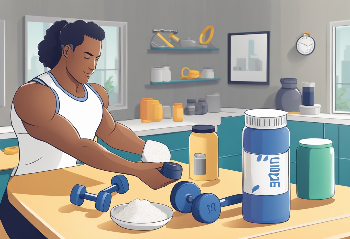 A person mixing protein powder into a shaker bottle, with dumbbells and workout equipment in the background