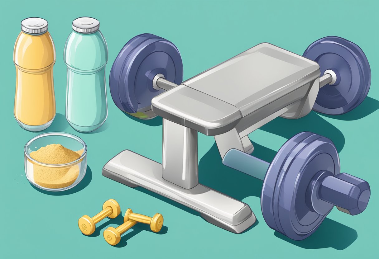A person mixing protein powder into a shaker bottle next to a set of dumbbells and a workout bench